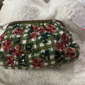 Elegant Green Floral Clutch with Pink Accents